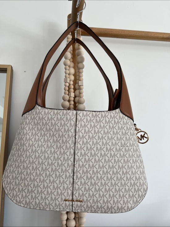 Michael Kors Handbags - Michael Kors Beige Monogram Shoulder Bag with Brown Trim